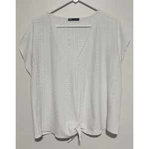 Zara Eyelet Top Women’s Small White Short Sleeve Tie Front Boho Beach Blouse